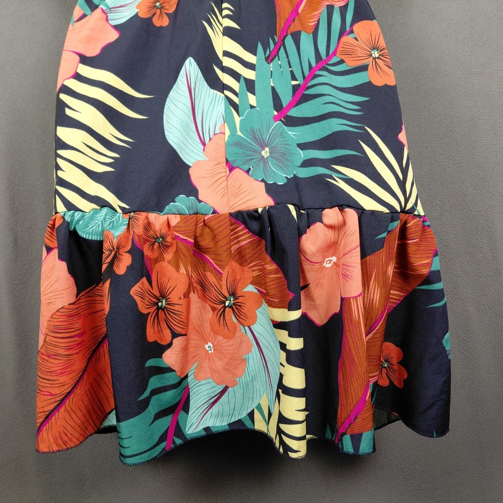 Tropical Floral V-Neck Ruffle Mini Dress Flutter Sleeve Tie Back High Waist ?Lg? - Picture 7 of 14